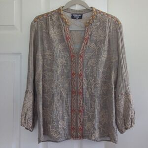 Johnny Was Workshop Grey Embroidered Gauze Tunic Top Boho Floral V-Neck Sz S